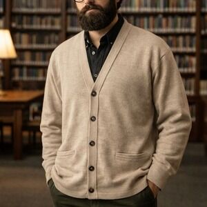 VTG Tundra Cardigan Sweater Men 2X 100% Merino Wool Tan Beige Eclectic Grandpa‎